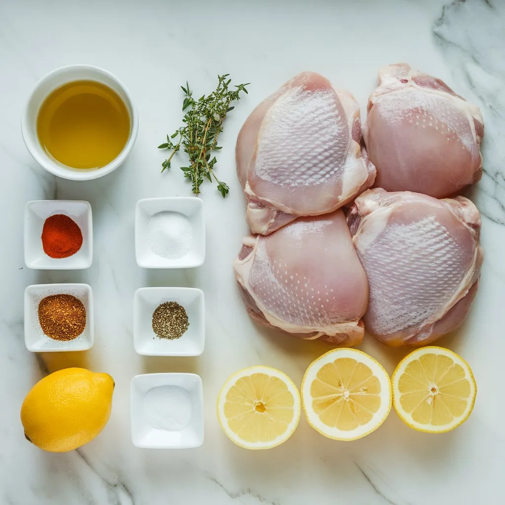 boneless chicken thighs ingredients Raw baked boneless chicken thighs with olive oil, spices, and fresh herbs arranged for cooking