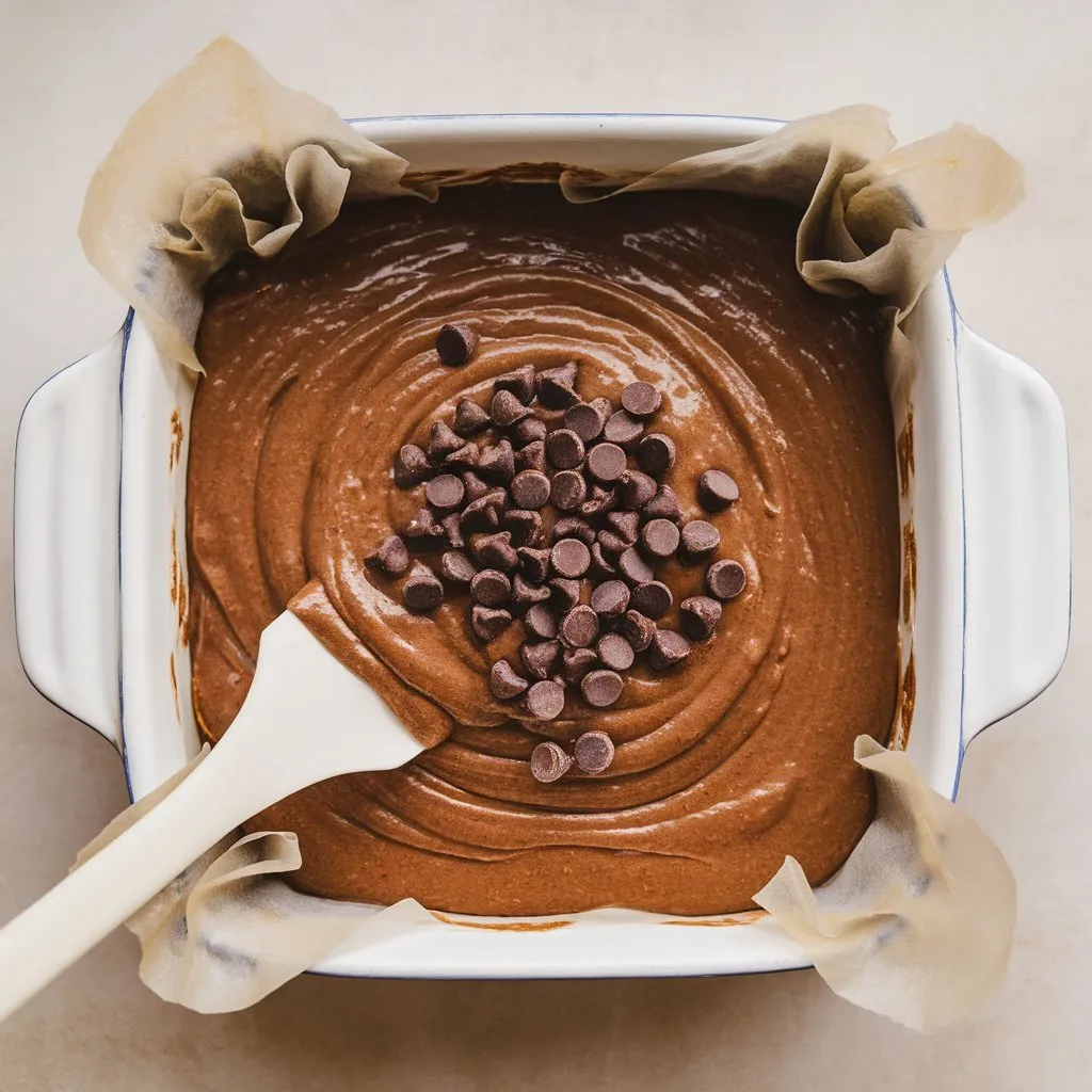 Sweet potato brownie batter spread in a parchment-lined white baking dish, ready to bake