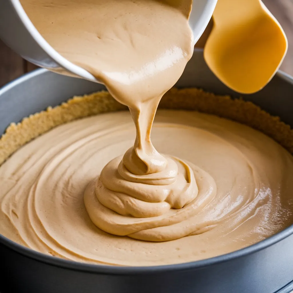 cheesecake-batter-in-pecan-crust Creamy gluten free cheesecake filling poured into a pecan crust in a springform pan, ready for baking.