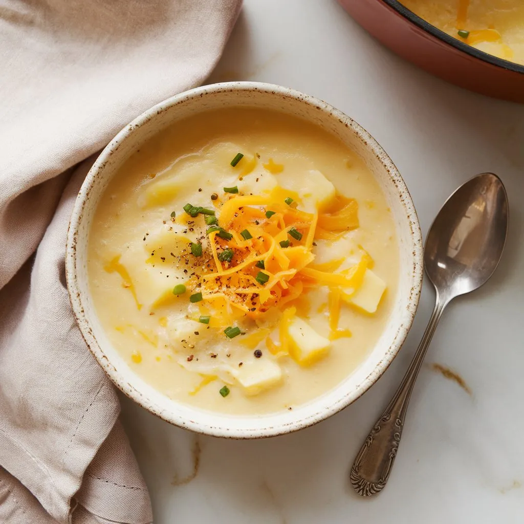 op-down view of a bowl of cheesy potato soup garnished with chives and black pepper on a white marble surface.