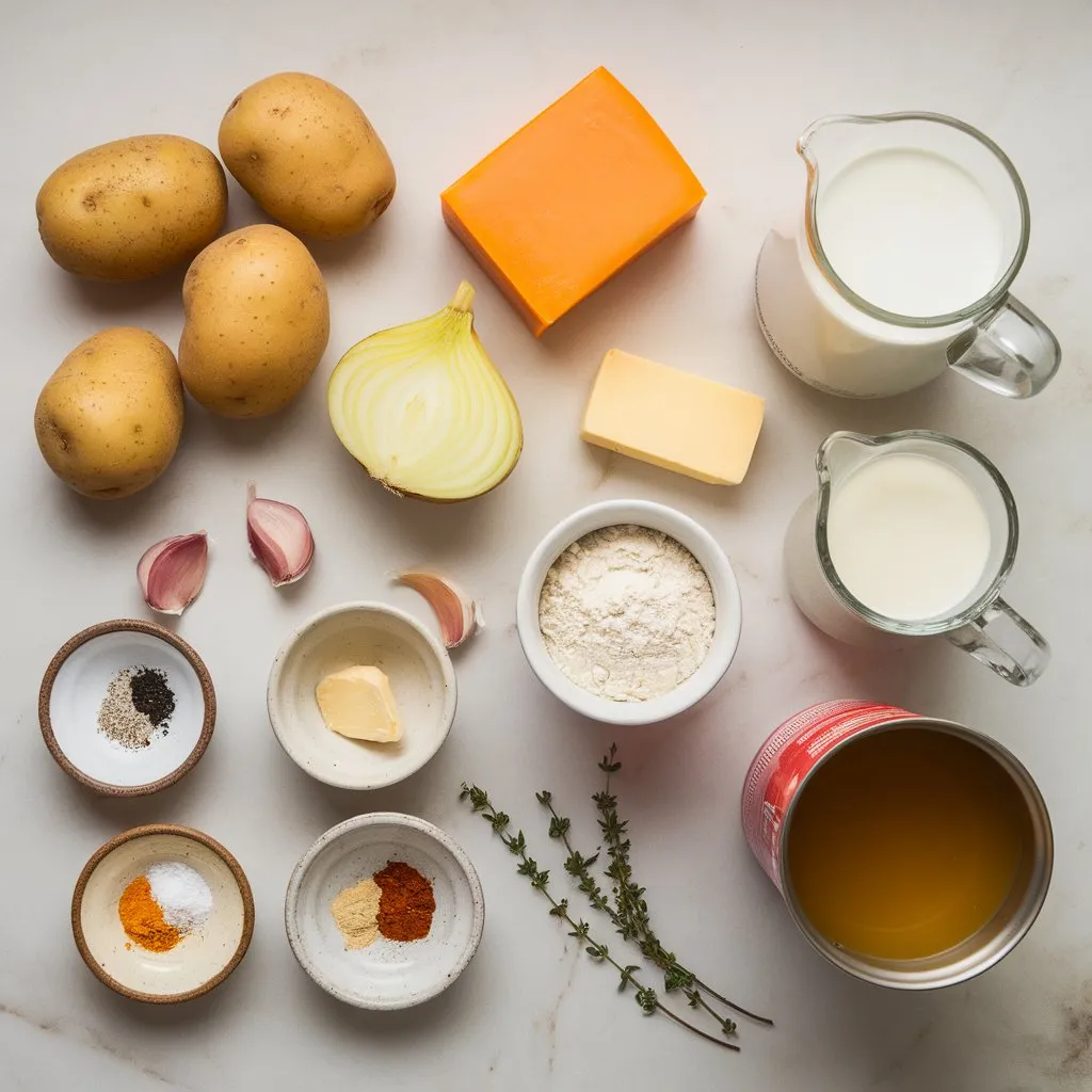 cheesy-potato-soup-ingredients Overhead view of raw ingredients for cheesy potato soup arranged on a light marble kitchen surface.
