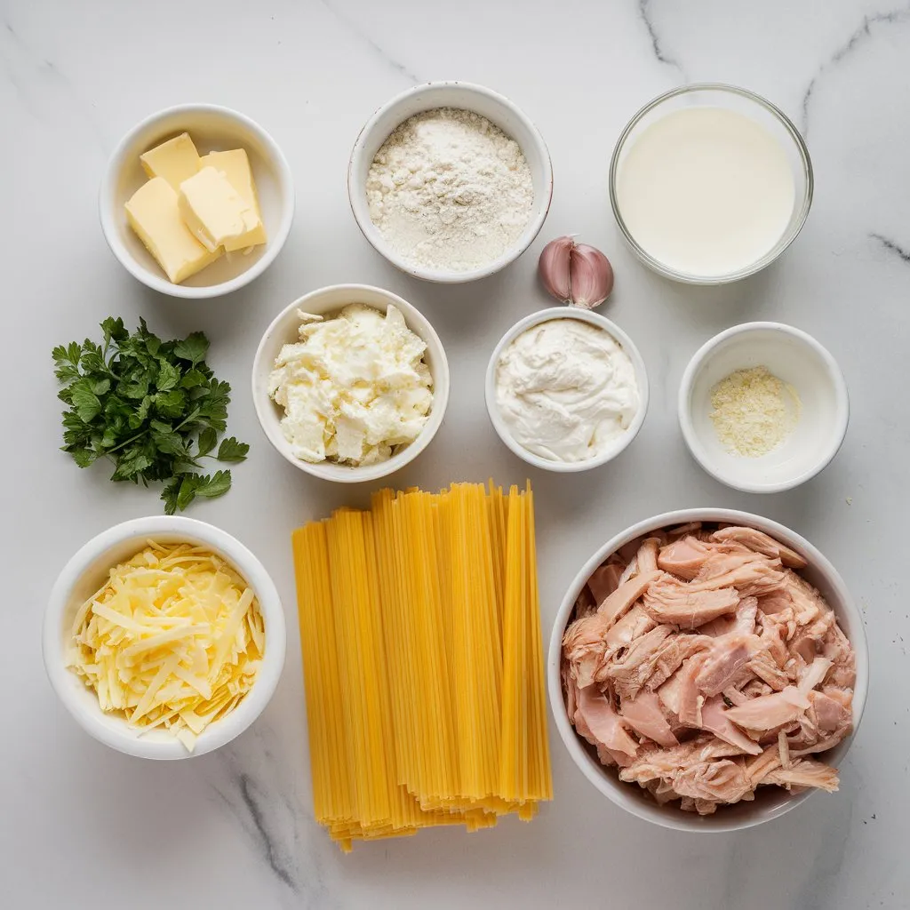 chicken-alfredo-lasagna-ingredients Flat lay of fresh chicken alfredo lasagna ingredients including cheeses, cream, garlic, and noodles.