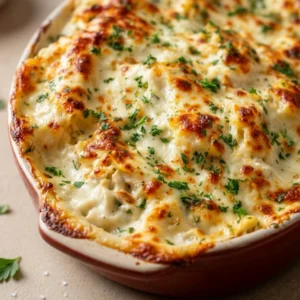 Ultra-creamy, cheesy chicken alfredo lasagna with melted layers and golden top, served in a white baking dish.