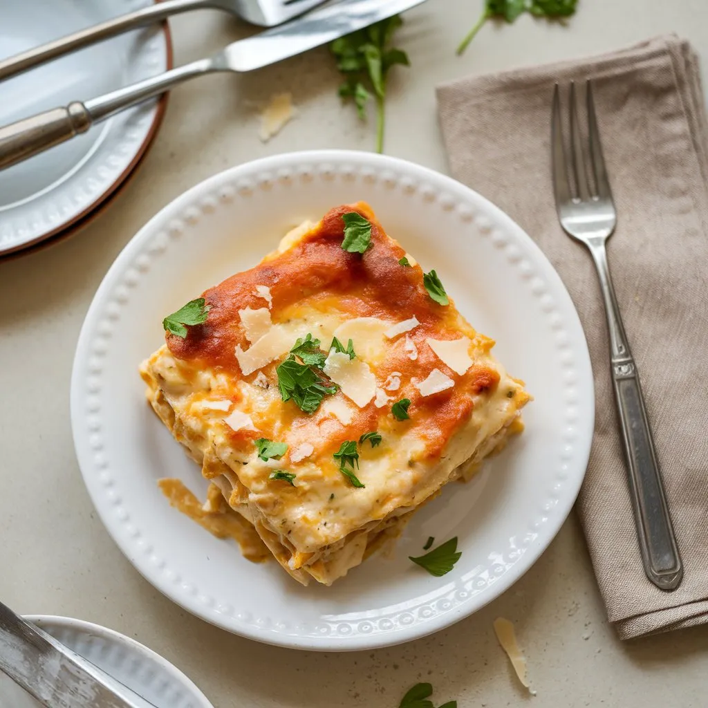 chicken-alfredo-lasagna-slice-plated Single serving of creamy chicken alfredo lasagna garnished with parsley on a white plate.