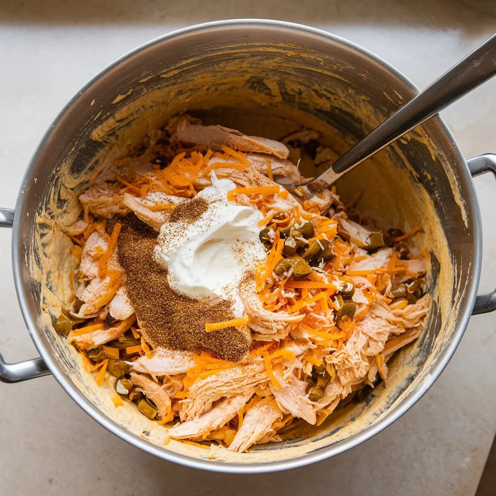 Close-up of creamy chicken enchilada filling in a bowl with visible chicken, cheese, and green chiles.