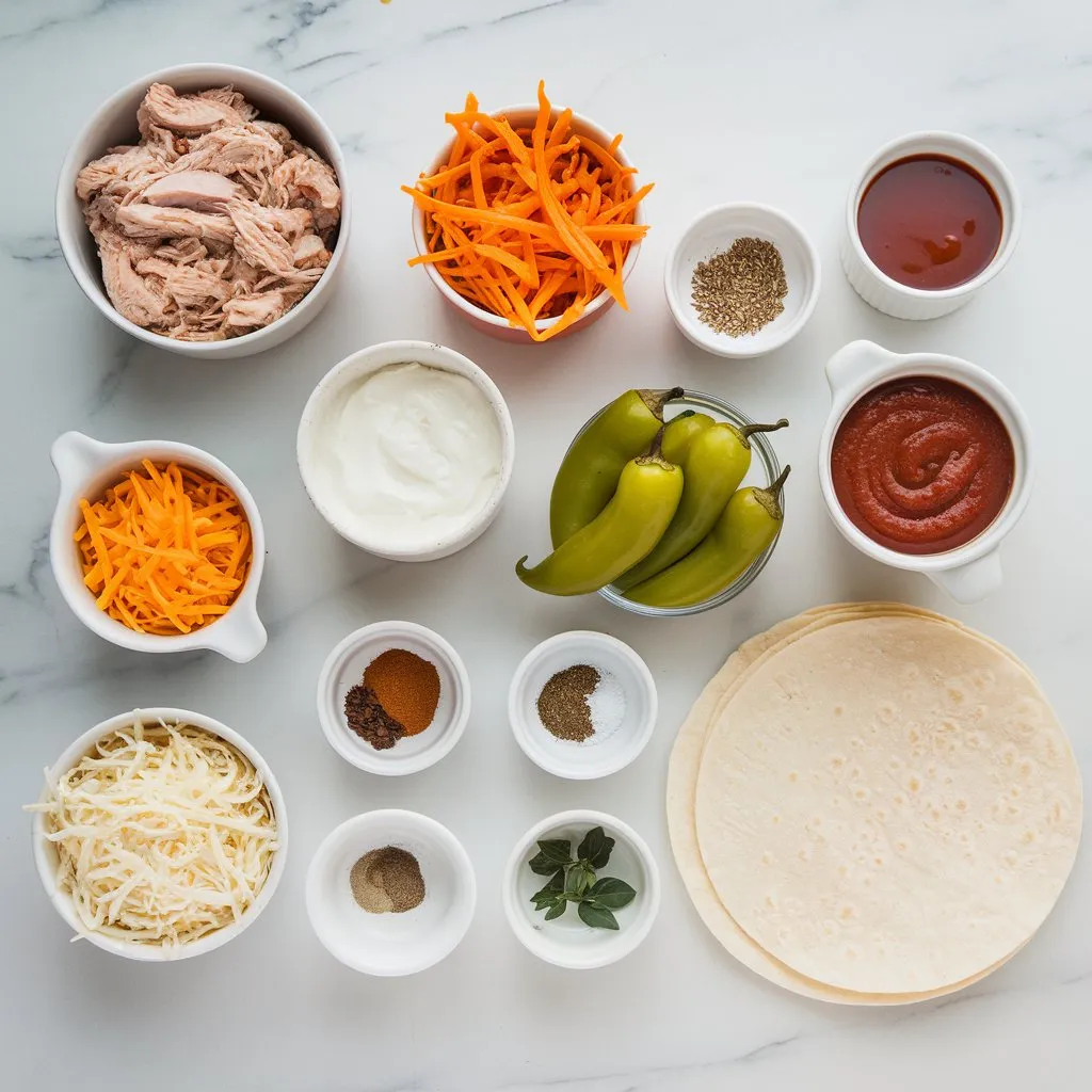 Top-down view of chicken enchilada ingredients including chicken, cheese, tortillas, green chiles, sour cream, and spices on a marble background.