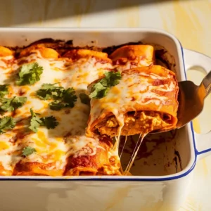 Baked chicken enchiladas in a white dish topped with melted cheese and cilantro, one being served.