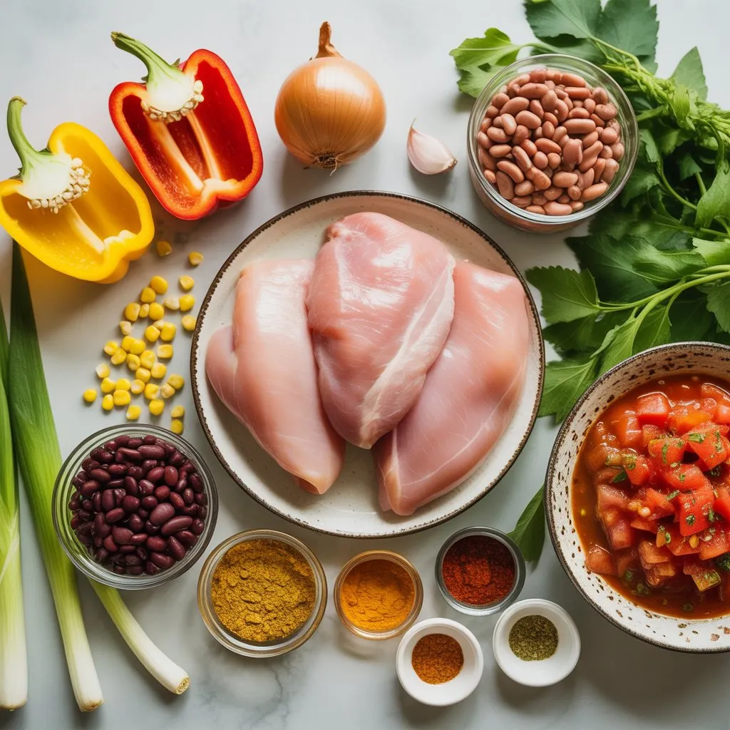 chicken taco soup ingredients Fresh ingredients for chicken taco soup including chicken thighs, beans, vegetables, and spices arranged on marble counter