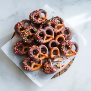 Fresh and delicious chocolate covered pretzels with sprinkles on a wooden board over white marble, shown from a top-down view.