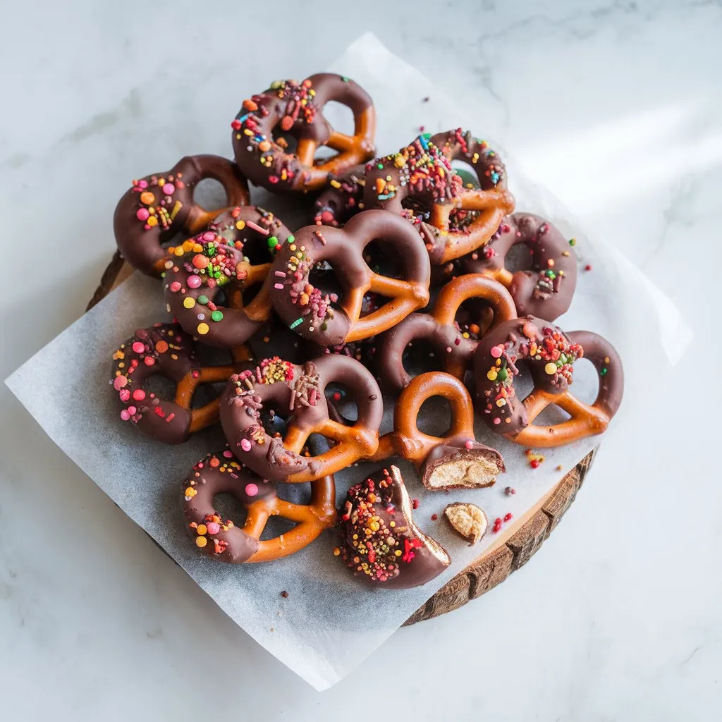 Fresh and delicious chocolate covered pretzels with sprinkles on a wooden board over white marble, shown from a top-down view.