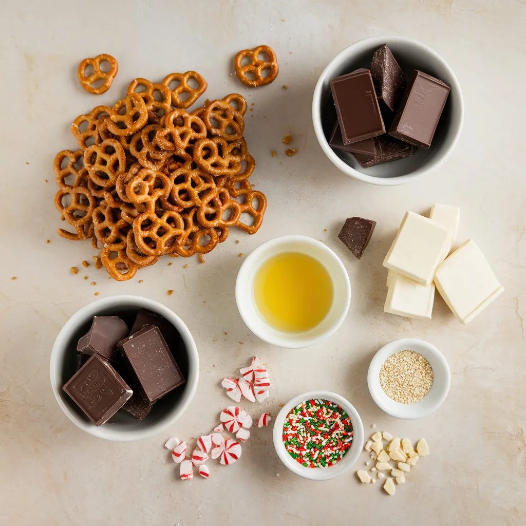 chocolate-covered-pretzels-ingredients Mini pretzels, chocolate, coconut oil, and toppings arranged flat lay on a white surface.