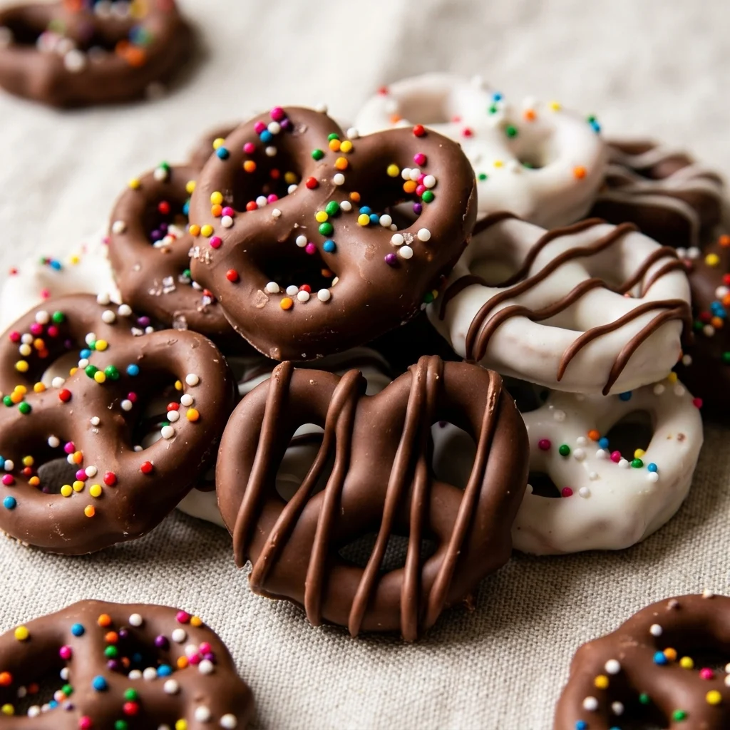 Fresh and delicious chocolate covered pretzels with sprinkles on a wooden board over white marble, shown from a top-down view.