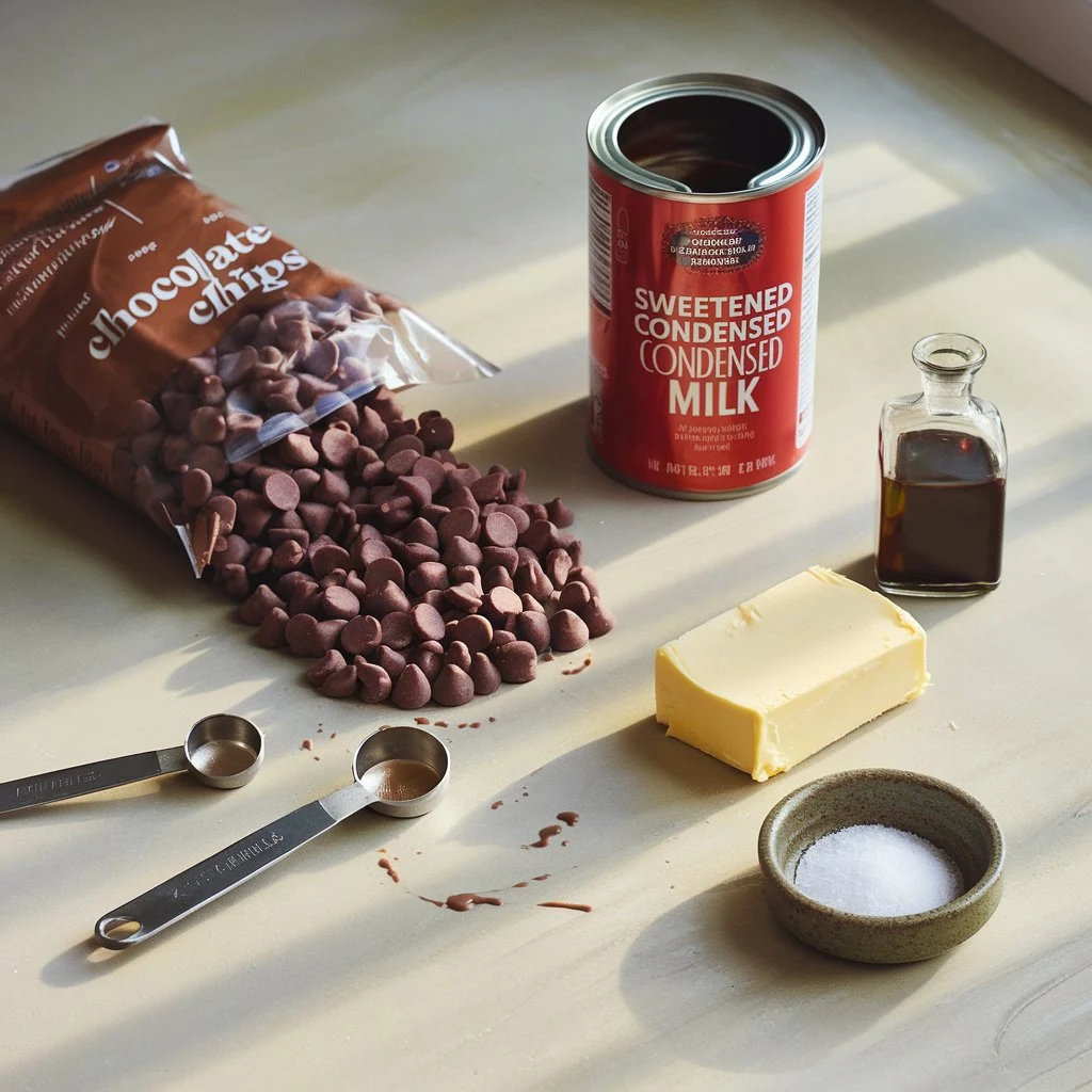chocolate-fudge-ingredients-flatlay Top-down view of chocolate fudge ingredients including chocolate chips, condensed milk, butter chunks, vanilla, and salt on a light surface.