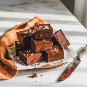 Top-down view of rich chocolate fudge squares stacked on a white plate with flaky salt and a rustic kitchen setting.