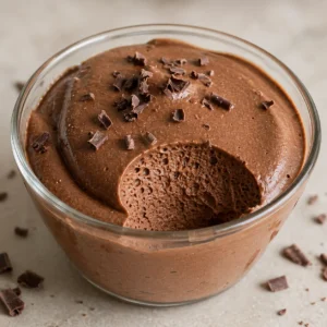 Chocolate cottage cheese mousse in glass bowls, topped with whipped cream and mint, high-protein creamy chocolate dessert with a smooth texture