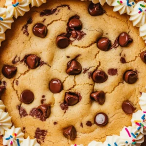 Close-up of a gooey chocolate chip cookie cake with melted chocolate and vanilla frosting, baked to golden-brown perfection.