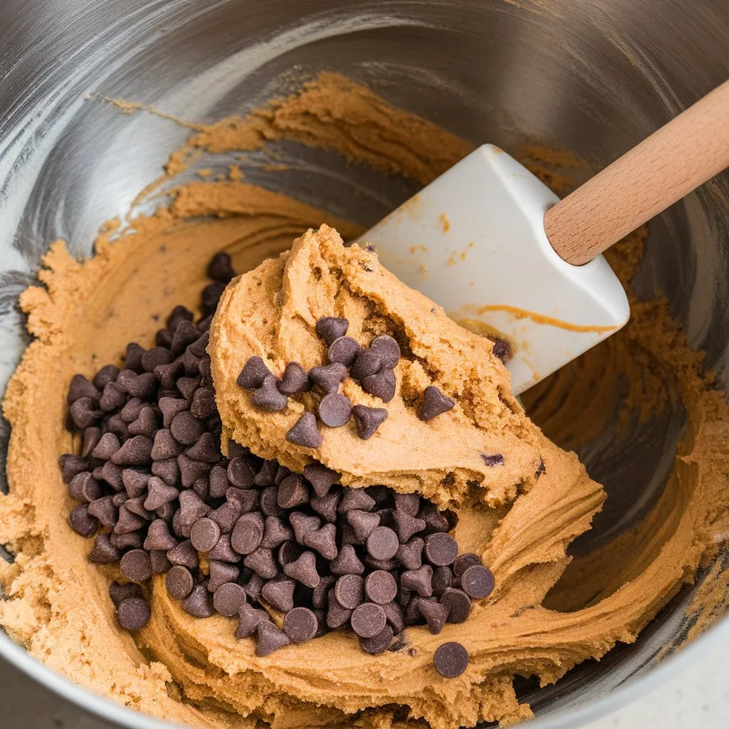 cookie-cake-dough-mixing Cookie cake dough being mixed with visible chocolate chips and creamy texture in a bowl with natural lighting.