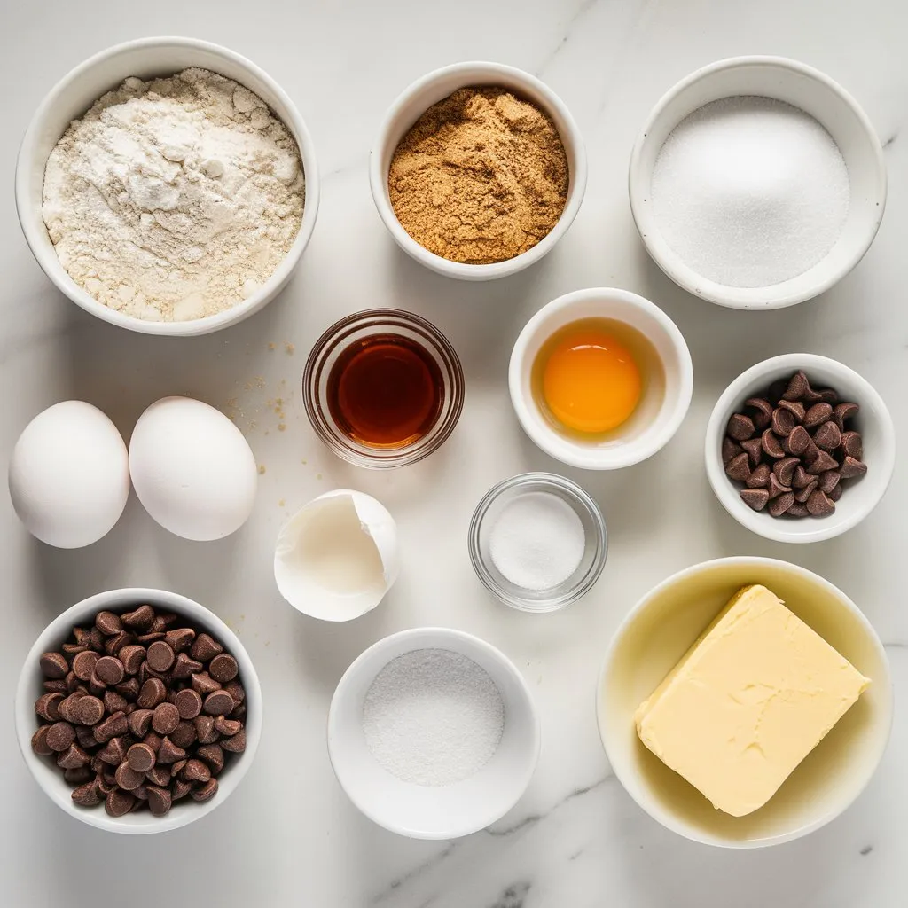 cookie-cake-ingredients-natural Natural overhead view of cookie cake ingredients in bowls on a marble counter with soft daylight and slight mess.