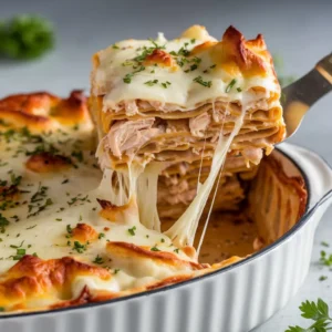Ultra-creamy, cheesy chicken alfredo lasagna with melted layers and golden top, served in a white baking dish.