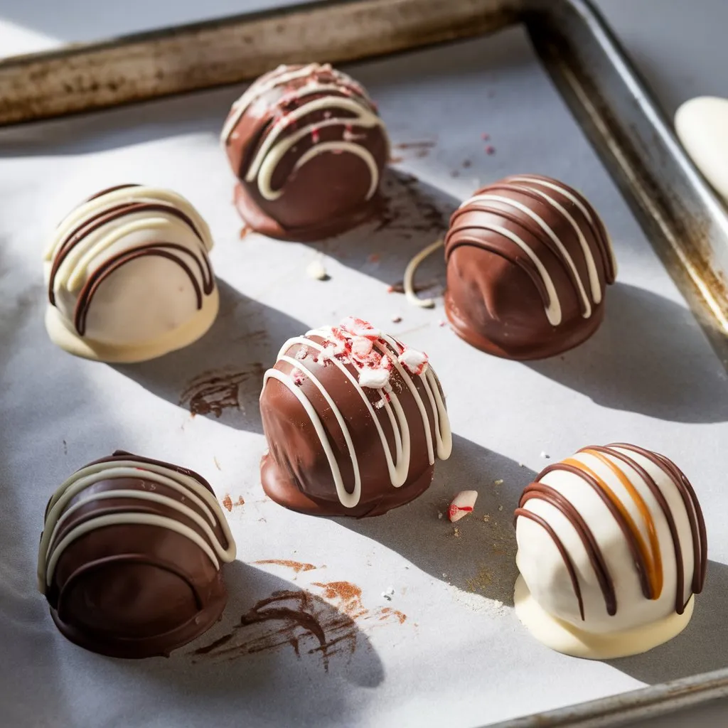 decorated-hot-chocolate-bombs Decorated hot chocolate bombs with various toppings like drizzled chocolate and peppermint on a parchment-lined tray