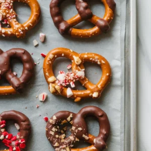 A tray of set chocolate covered pretzels with toppings, ready to serve.