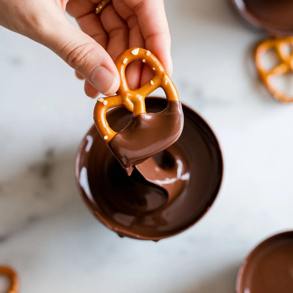 dipping-chocolate-covered-pretzels A pretzel being dipped into melted chocolate with a fork over a white background.