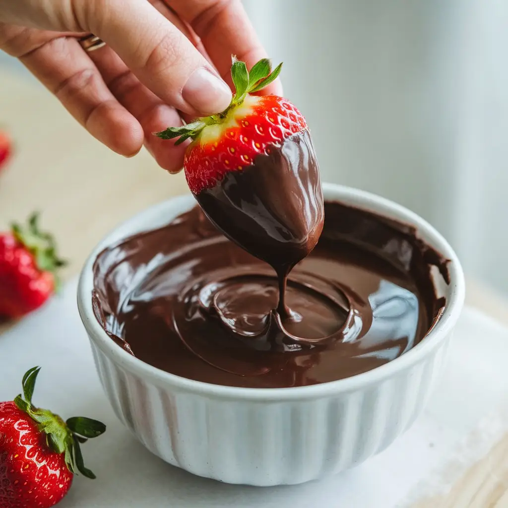 dipping-dubai-chocolate-strawberries-in-dark-chocolate Hand dipping a strawberry into melted dark chocolate for coating
