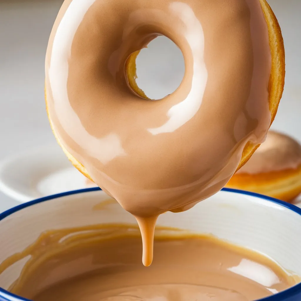  Vegan donut being dipped into a bowl of thick vanilla glaze, with another glazed donut in the background.