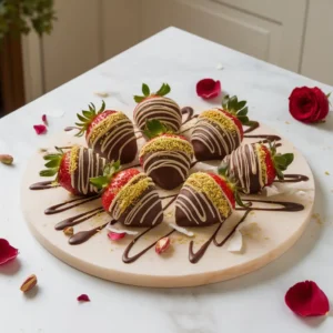 Dubai chocolate strawberries arranged on a marble platter with pistachios and rose petals