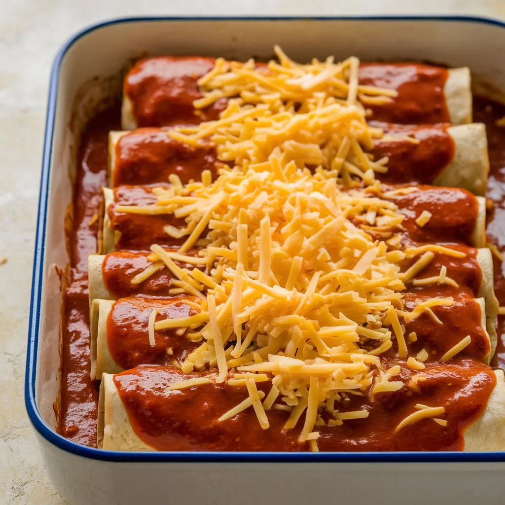 Chicken enchiladas topped with sauce and shredded cheese, ready to bake in a white dish.