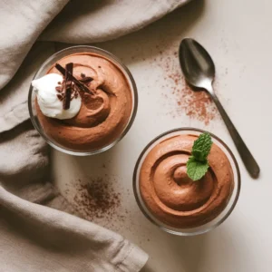chocolate cottage cheese mousse in glass bowls, garnished with whipped cream and mint