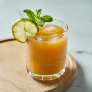 Chilled glass of smooth passion fruit juice with lime and mint, no seeds, on a light background