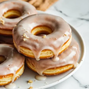 Top-down close-up of stacked vegan donuts covered in thick vanilla glaze, on a white marble background with crumbs and drips.