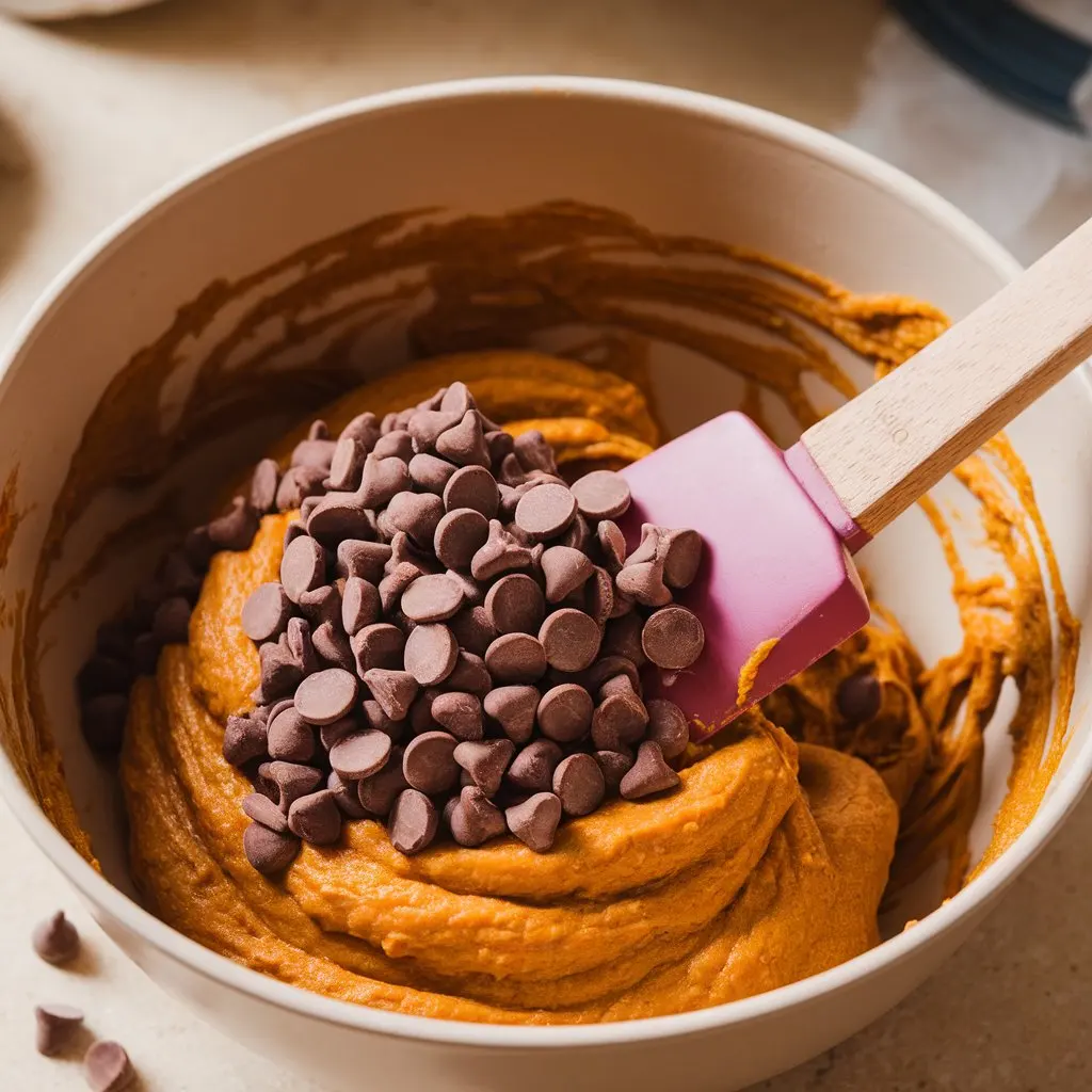  chocolate chips being folded into thick orange pumpkin batter with a rubber spatula