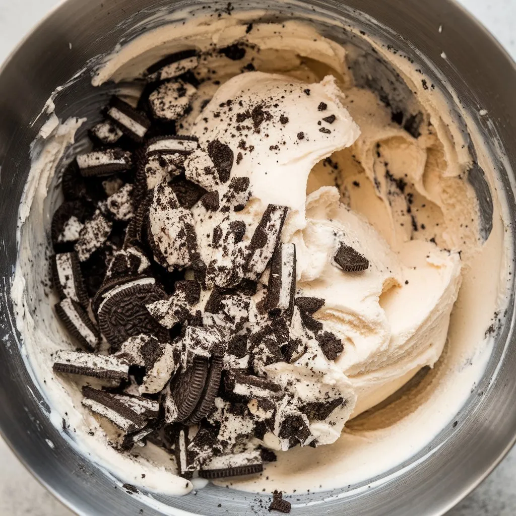 folding-crushed-oreos-into-cream-mixture Top-down close-up of crushed Oreo cookies being folded into creamy ice cream base, showing cookie chunks and smooth texture.