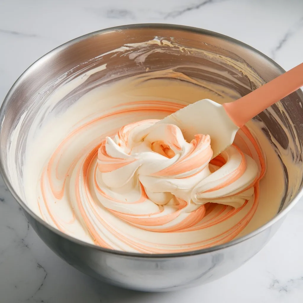 folding-peach-mixture-whipped-cream-ribbons Peach mixture being gently folded into whipped cream base creating beautiful peachy ribbons for ice cream
