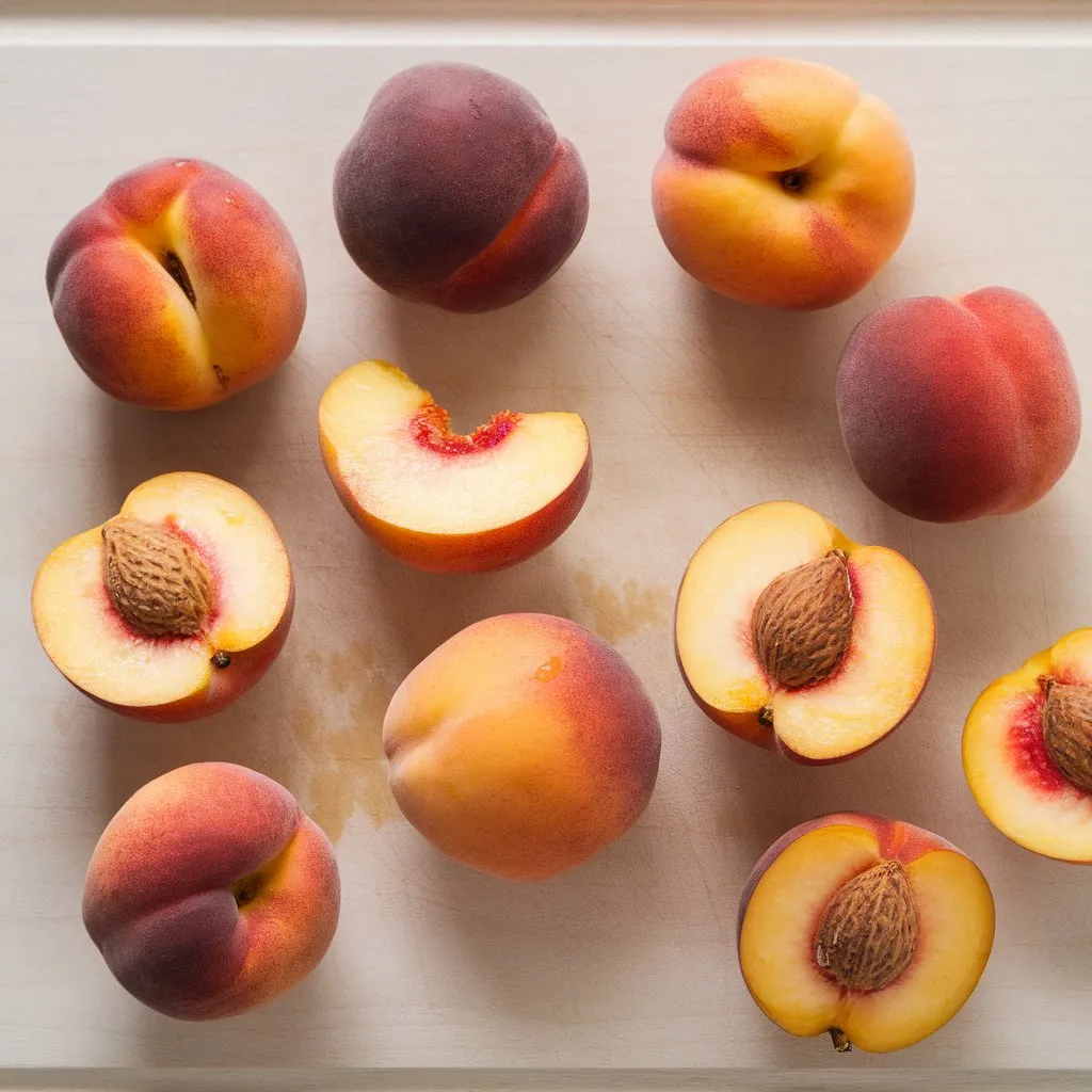 fresh-ripe-peaches-cutting-board-ice-cream-recipe Fresh ripe peaches on wooden cutting board, some whole and halved, showing natural texture for homemade ice cream