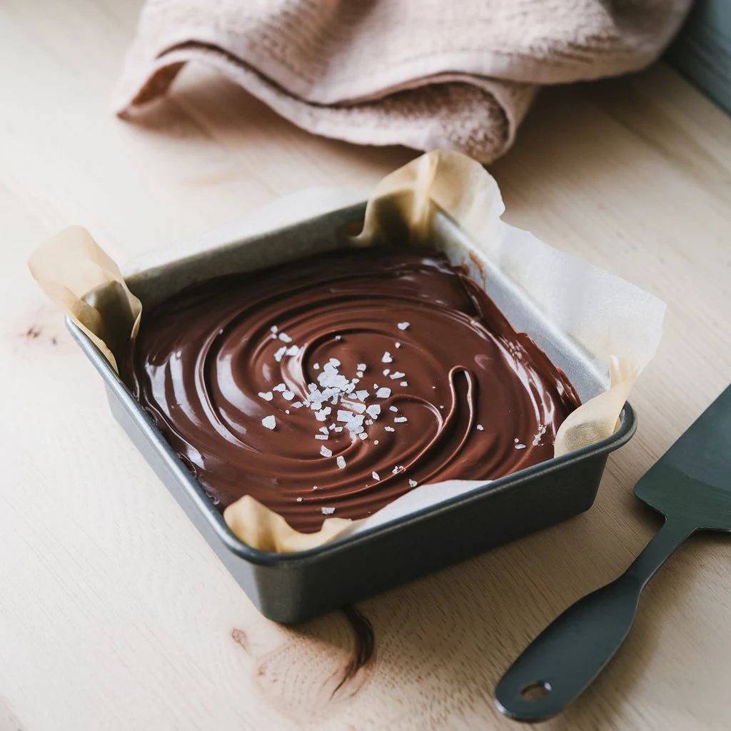 freshly-poured-chocolate-fudge-in-pan Freshly poured chocolate fudge in a parchment-lined pan with a glossy surface and flaky salt sprinkled on top.