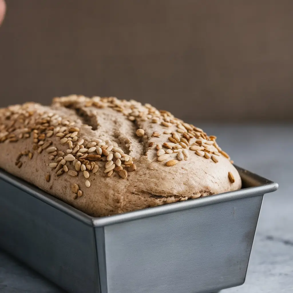 gluten-free-bread-dough-loaf-pan Unbaked gluten free bread dough shaped in a loaf pan with seeds on top, ready for the oven.