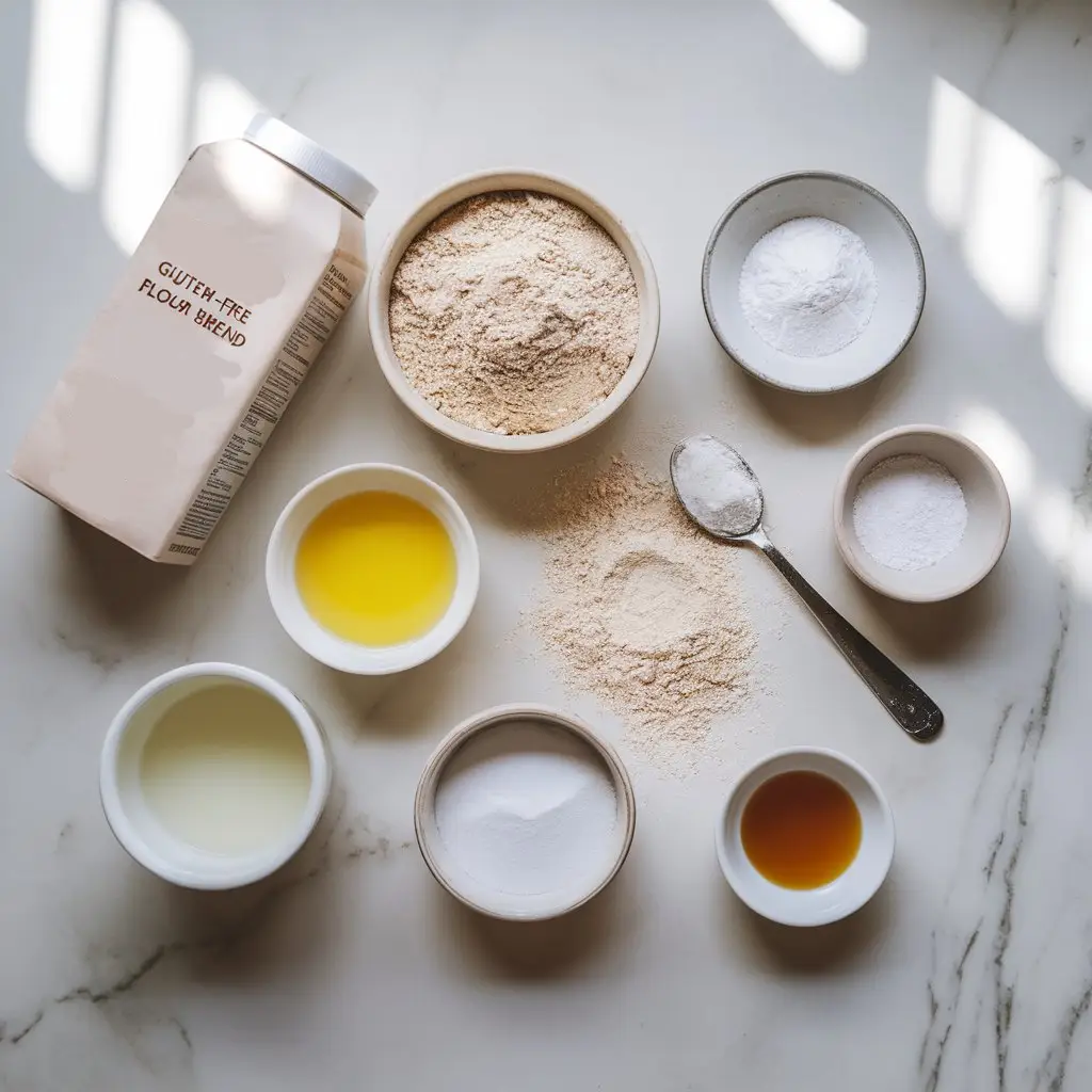 gluten-free-bread-ingredients-top-down Top-down view of gluten free bread ingredients on a white marble surface, styled casually with soft daylight.