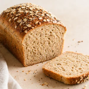 Freshly baked gluten-free bread loaf sliced on a wooden cutting board with crumbs and a knife in natural daylight