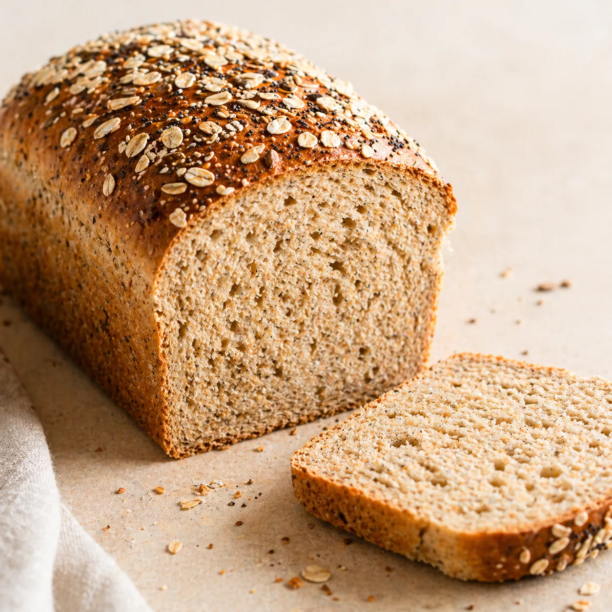 Freshly baked gluten-free bread loaf sliced on a wooden cutting board with crumbs and a knife in natural daylight