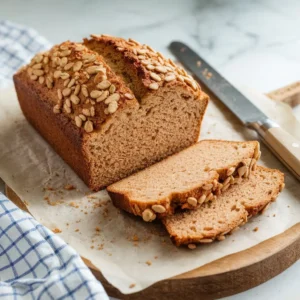 Freshly baked free gluten bread loaf sliced on a wooden cutting board with crumbs and a knife, styled in natural daylight.