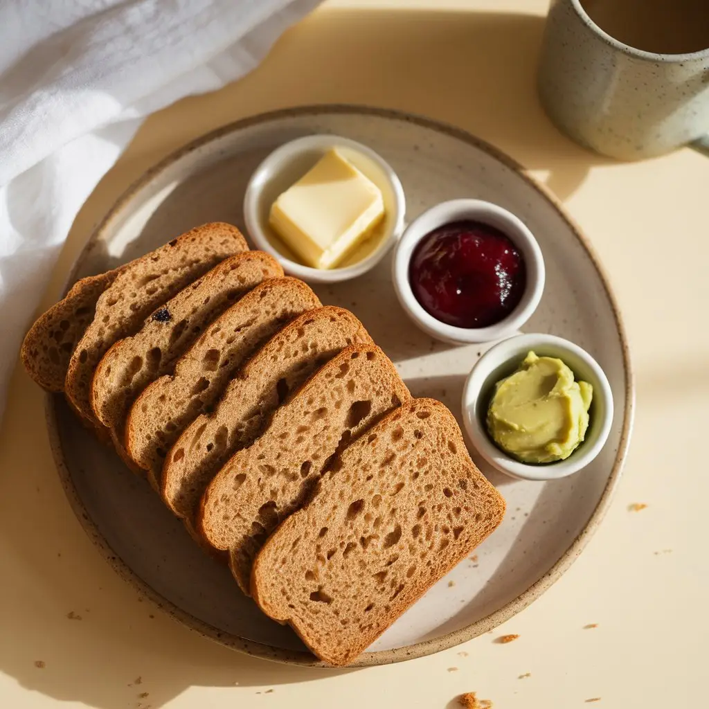 gluten-free-bread-slices-with-butter Slices of gluten free bread served with butter and jam on a ceramic plate, styled casually in a home kitchen.