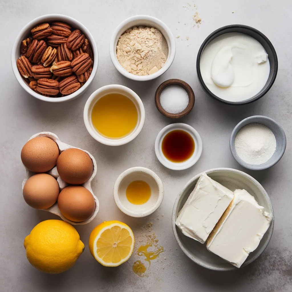 gluten-free-cheesecake-ingredients-topdown Flat lay of raw ingredients for gluten free cheesecake including pecans, cream cheese, eggs, yogurt, and coconut flour on a light surface.