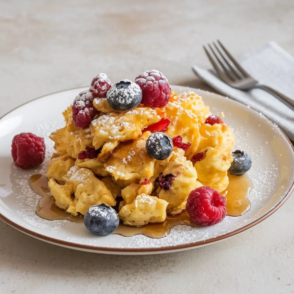 Plate of golden scrambled pancakes with crispy edges and maple syrup, served in a bright home kitchen setting.