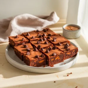 Fudgy sweet potato brownies stacked on a white plate, with chocolate chips and a rustic home-baked texture
