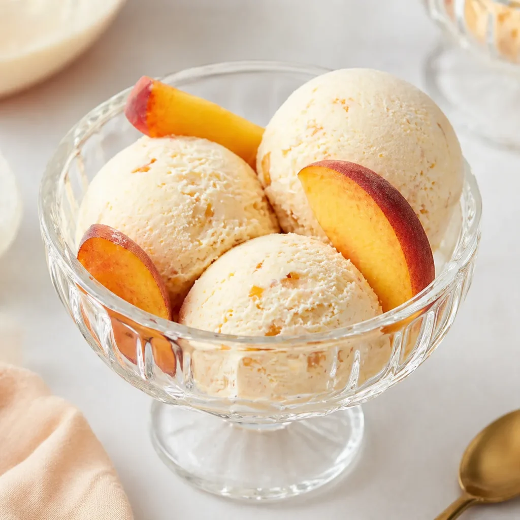 Homemade peach ice cream in a rustic bowl with fresh peach slices and a vintage scoop on a white marble counter, creamy summer dessert with natural fruit flavor