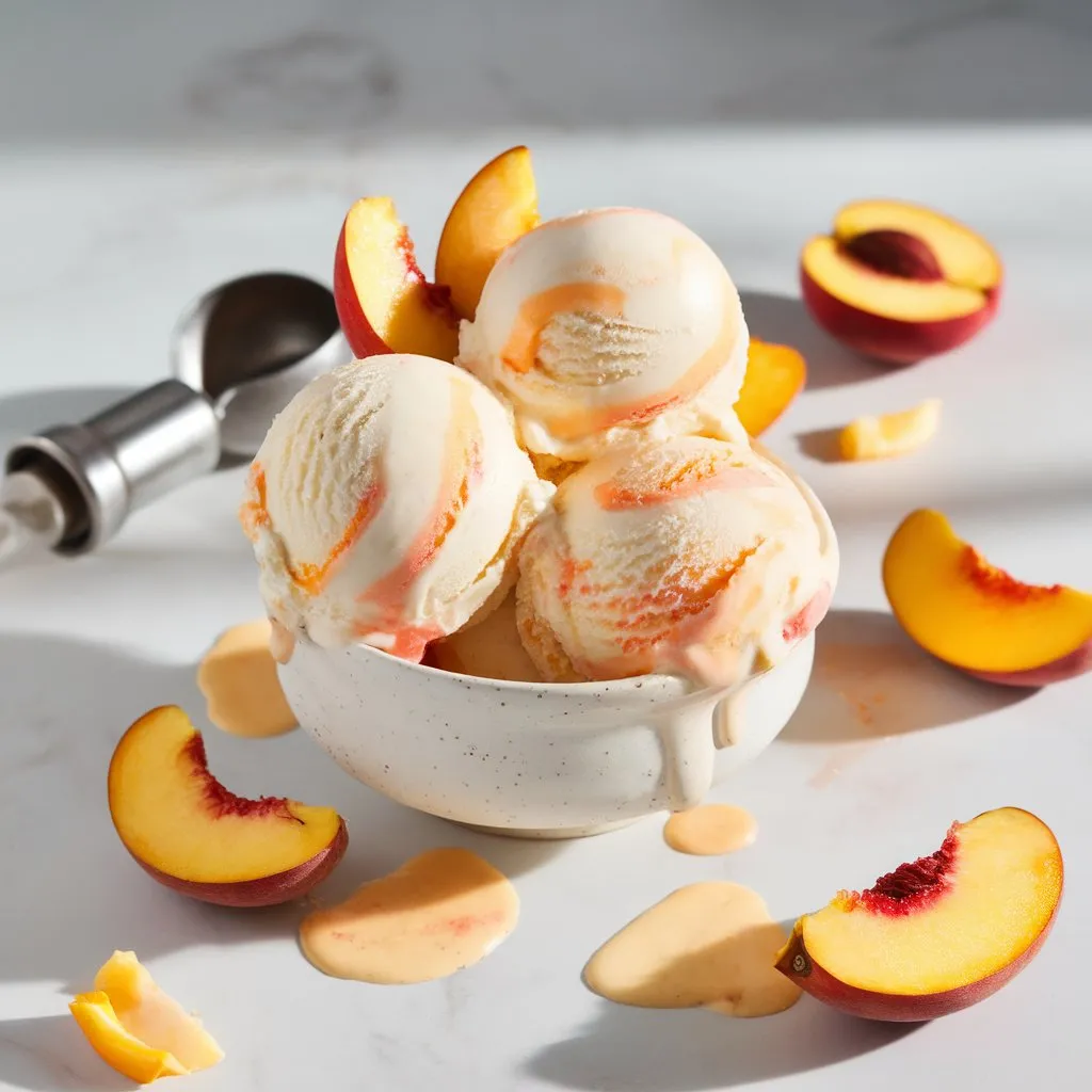 Homemade peach ice cream served in rustic bowl with fresh peach slices and vintage ice cream scoop on white marble counter