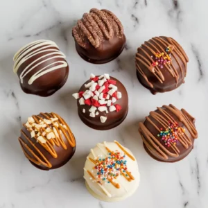 Top-down view of assorted decorated hot chocolate bombs on a marble surface